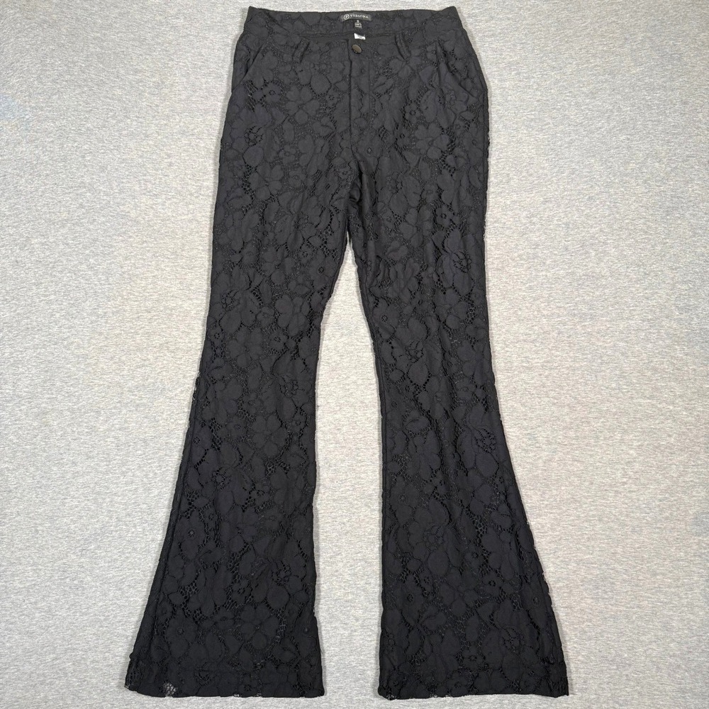Versona Black Floral Lace Flare Pants Womens Small Lined Trousers RN37080